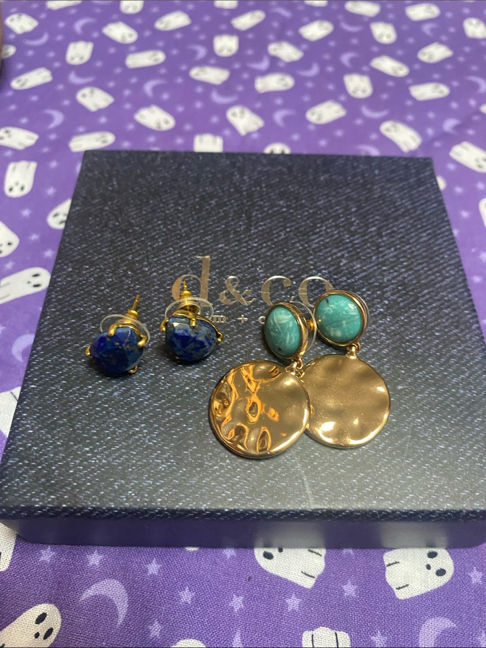Gold Disc Drop Earrings with Turquoise Stone Accents and lapis stone earrings -